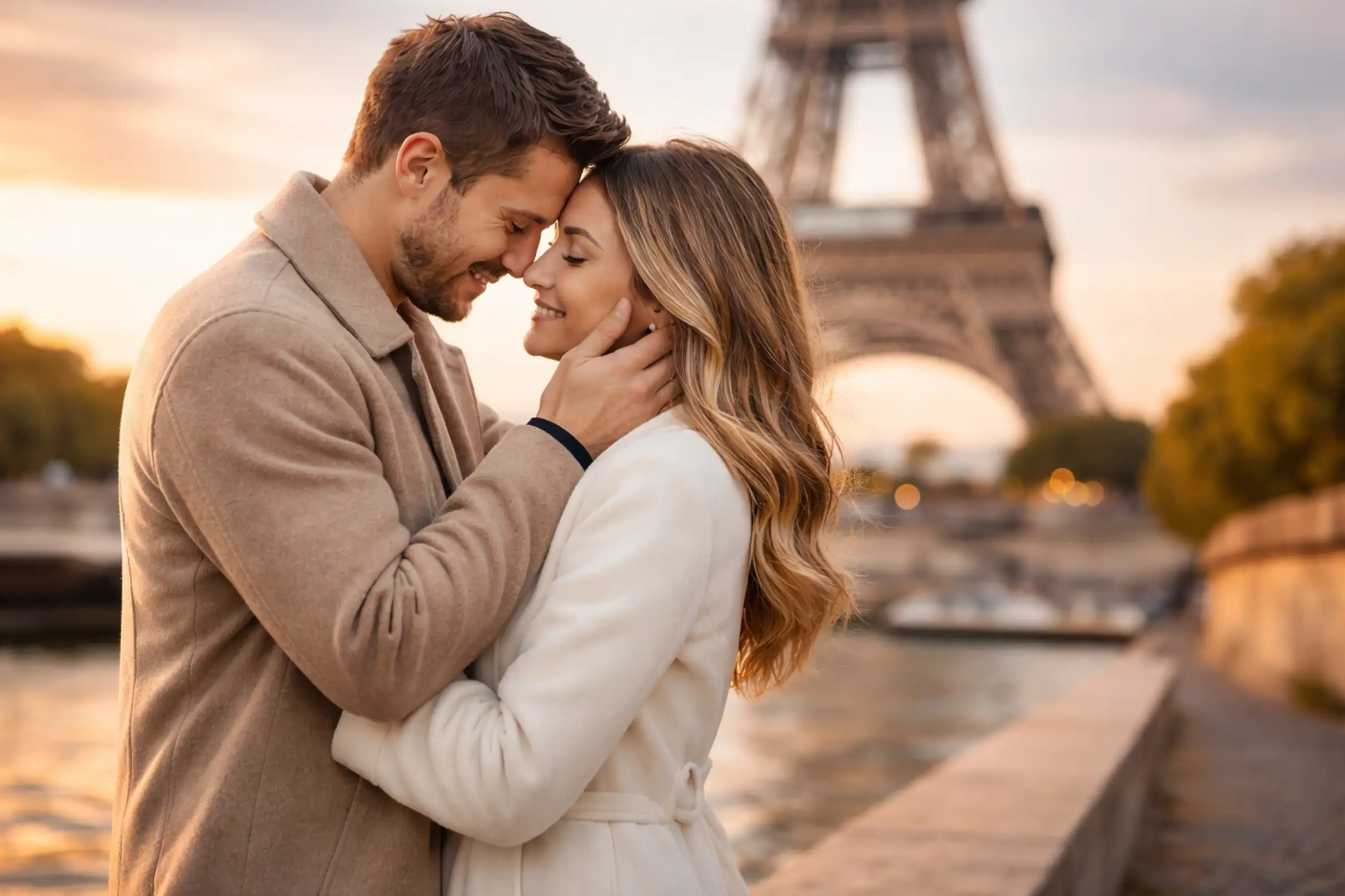 Couple enlacé devant la tour Eiffel au coucher du soleil, quais de Seine